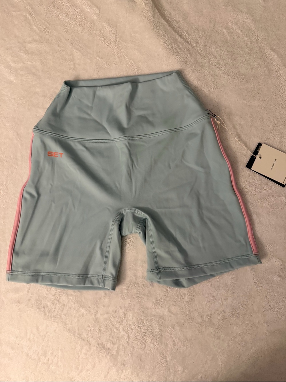 NWT SET Active Light Blue Bike Shorts and Sports Bra with Pink and Orange Trim - Picture 2 of 12